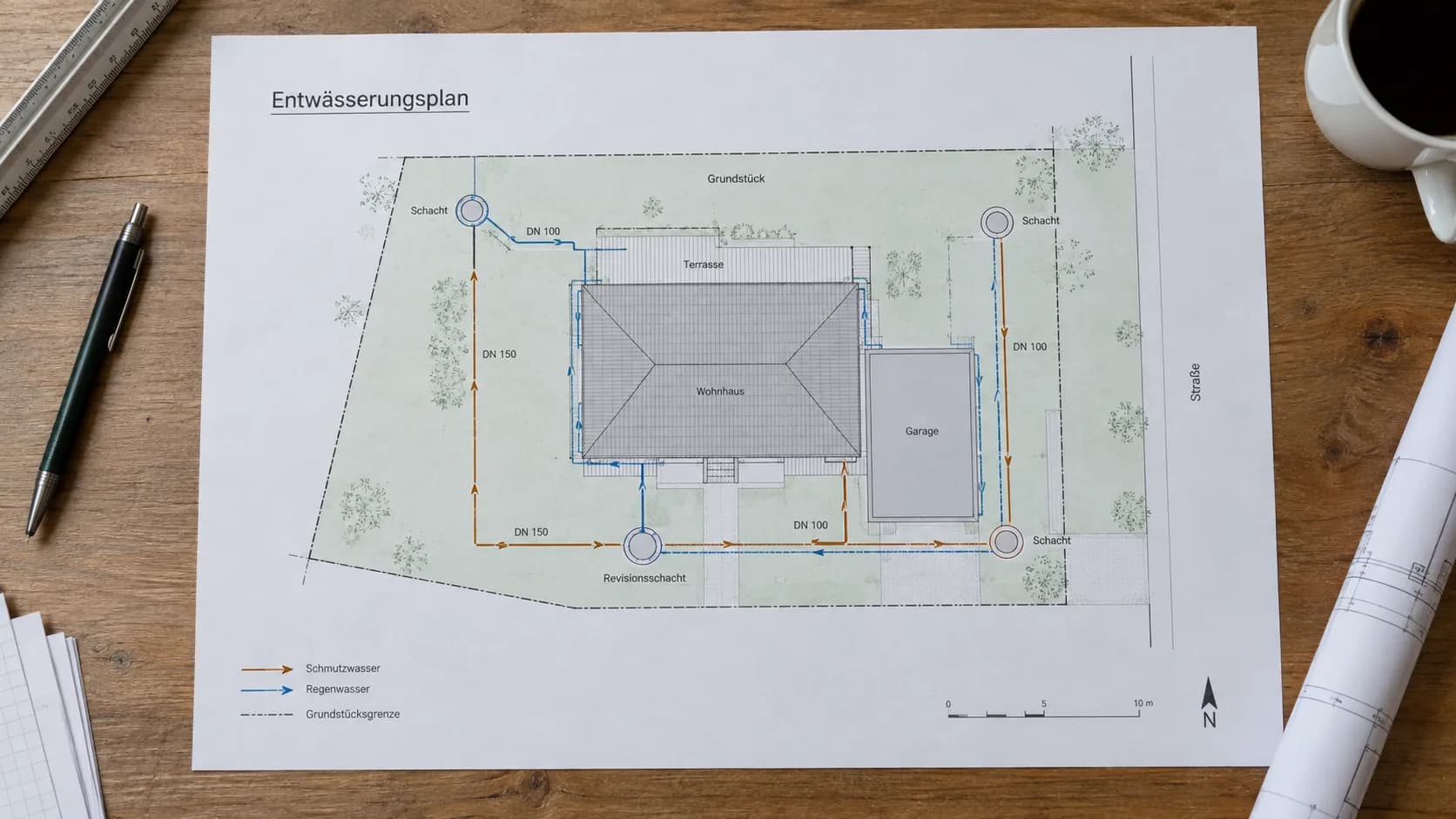 Entwässerungsplan eines Grundstücks mit Schächten