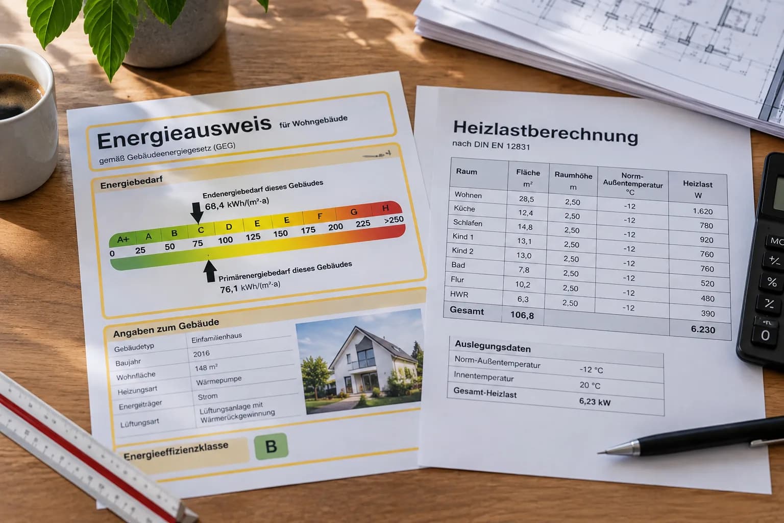 Energieausweis und Heizlastberechnung nebeneinander auf einem Tisch