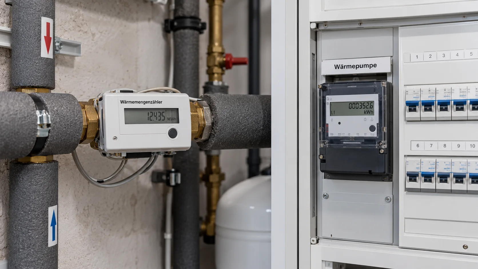 Wärmemengenzähler und Stromzähler einer Wärmepumpe