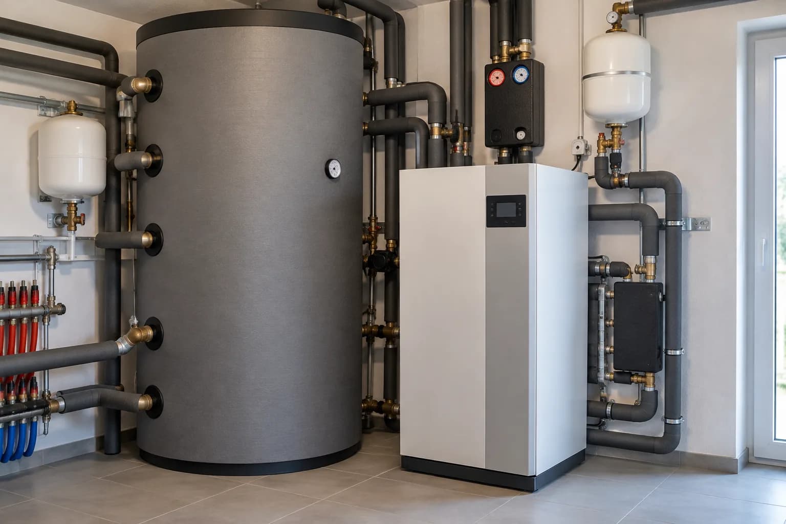 Pufferspeicher neben einer Wärmepumpen-Inneneinheit im Technikraum