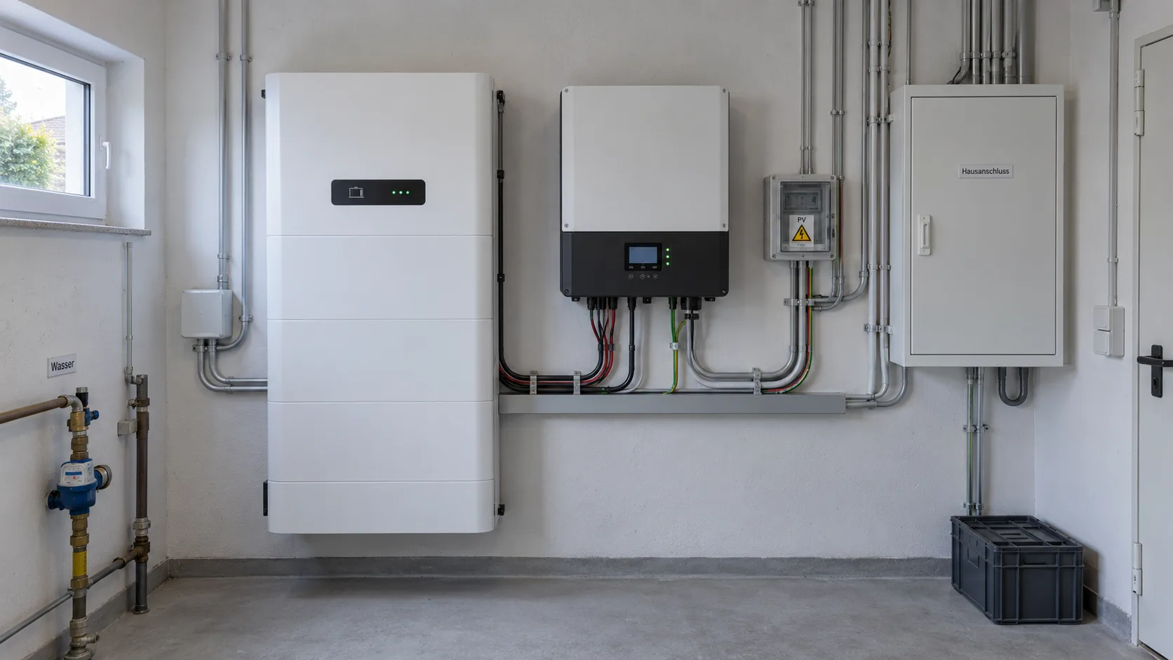 Batteriespeicher und Wechselrichter einer Photovoltaikanlage im Hausanschlussraum