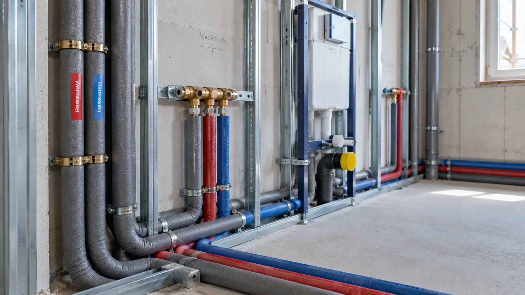 Neu verlegte Trinkwasserleitungen mit Dämmung