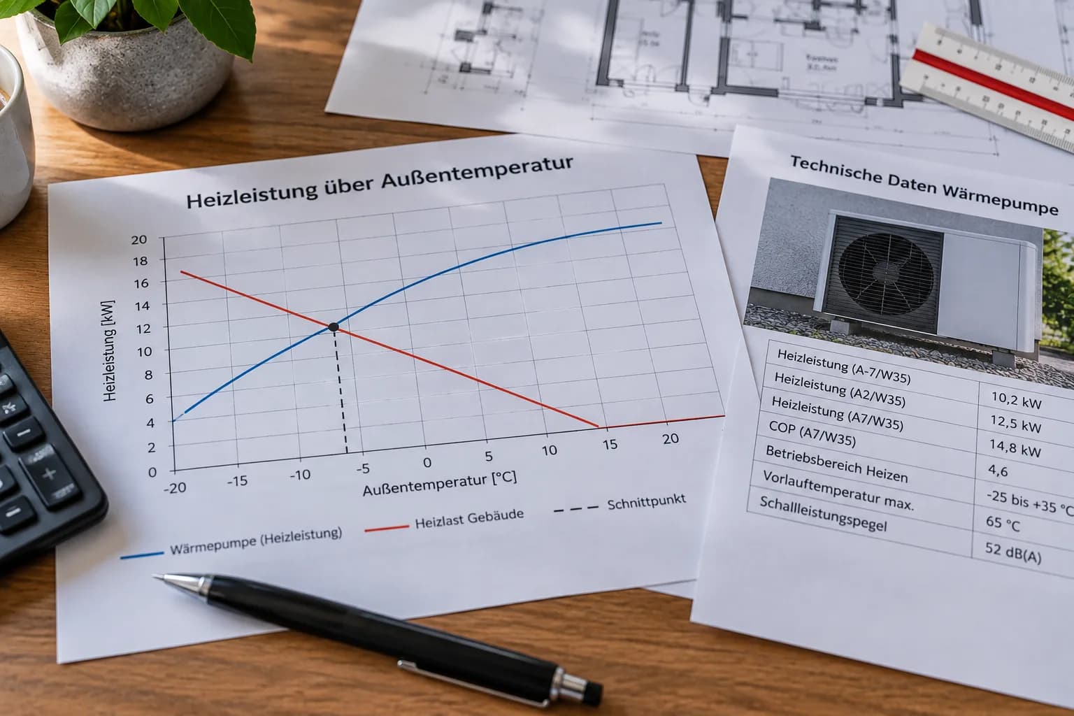 Leistungsdiagramm einer Wärmepumpe mit eingezeichneter Heizlastgeraden