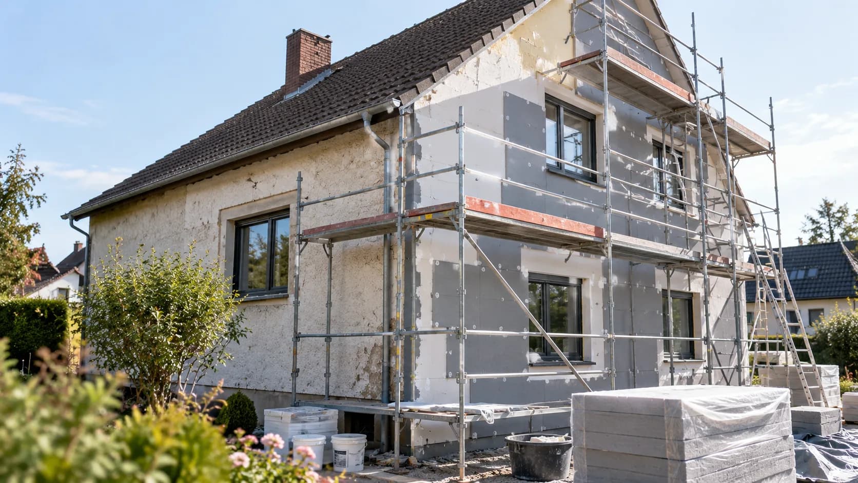 Altbau während der energetischen Sanierung mit neuer Fassadendämmung
