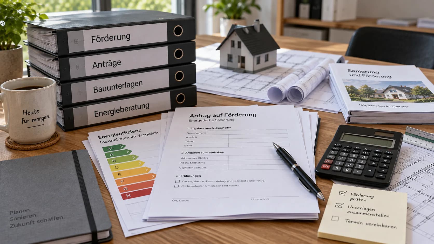 Antragsunterlagen für eine Förderung auf dem Schreibtisch