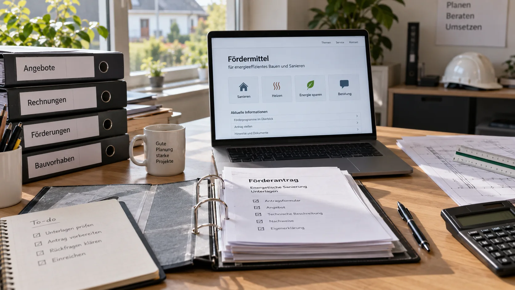 Förderunterlagen eines Handwerksbetriebs werden im Büro bearbeitet