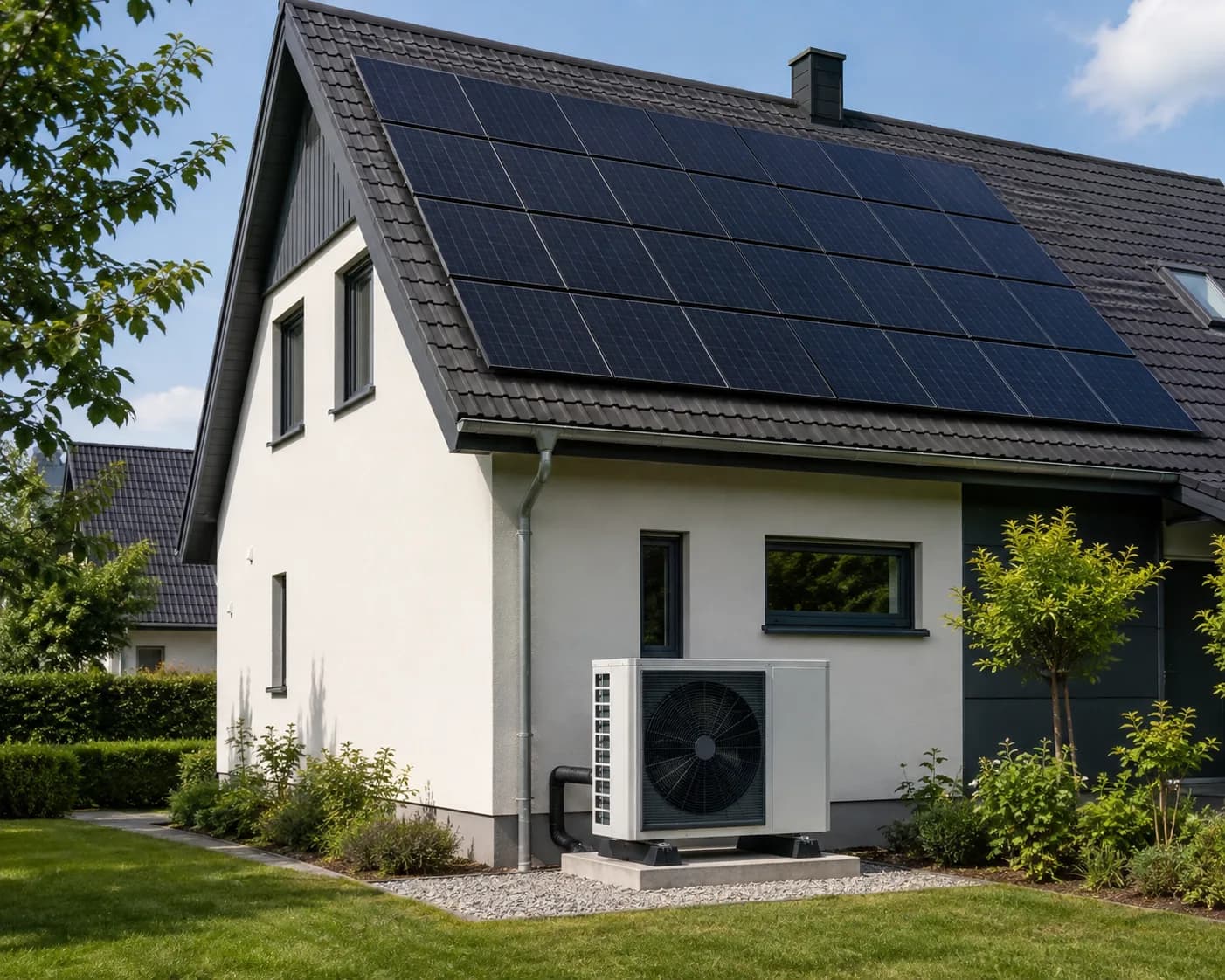 Photovoltaikanlage auf einem Einfamilienhaus mit Wärmepumpe