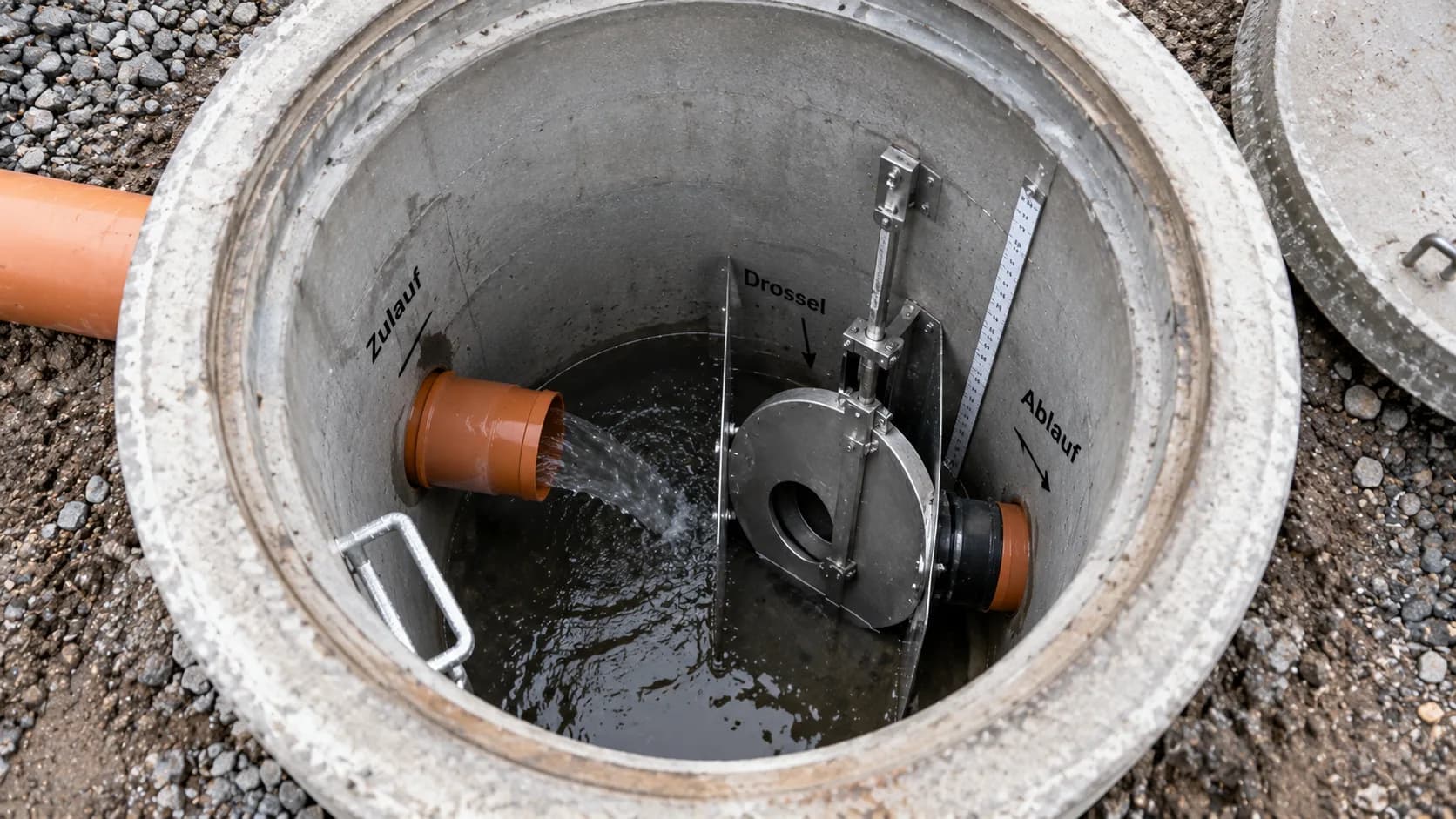 Drosselschacht mit Wirbeldrossel in einer Grundstücksentwässerung