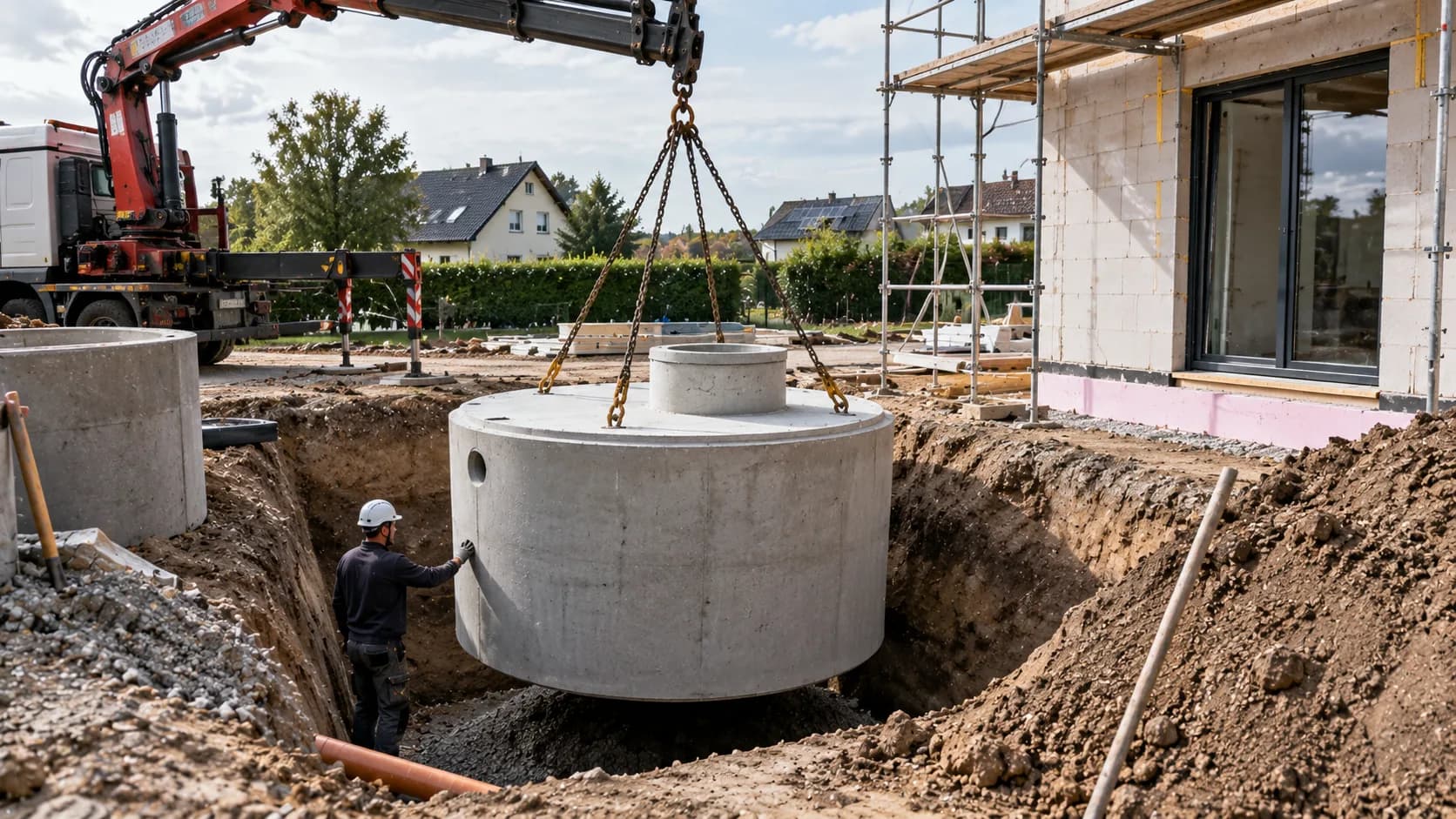 Betonzisterne wird in die Baugrube eines Einfamilienhauses eingesetzt