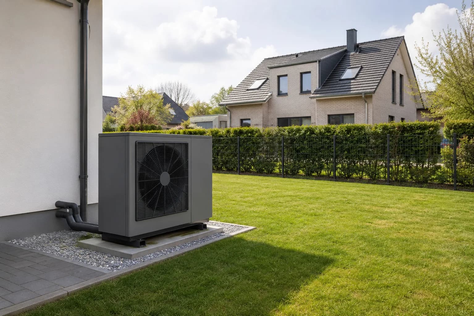 Außeneinheit einer Wärmepumpe mit Abstand zur Grundstücksgrenze