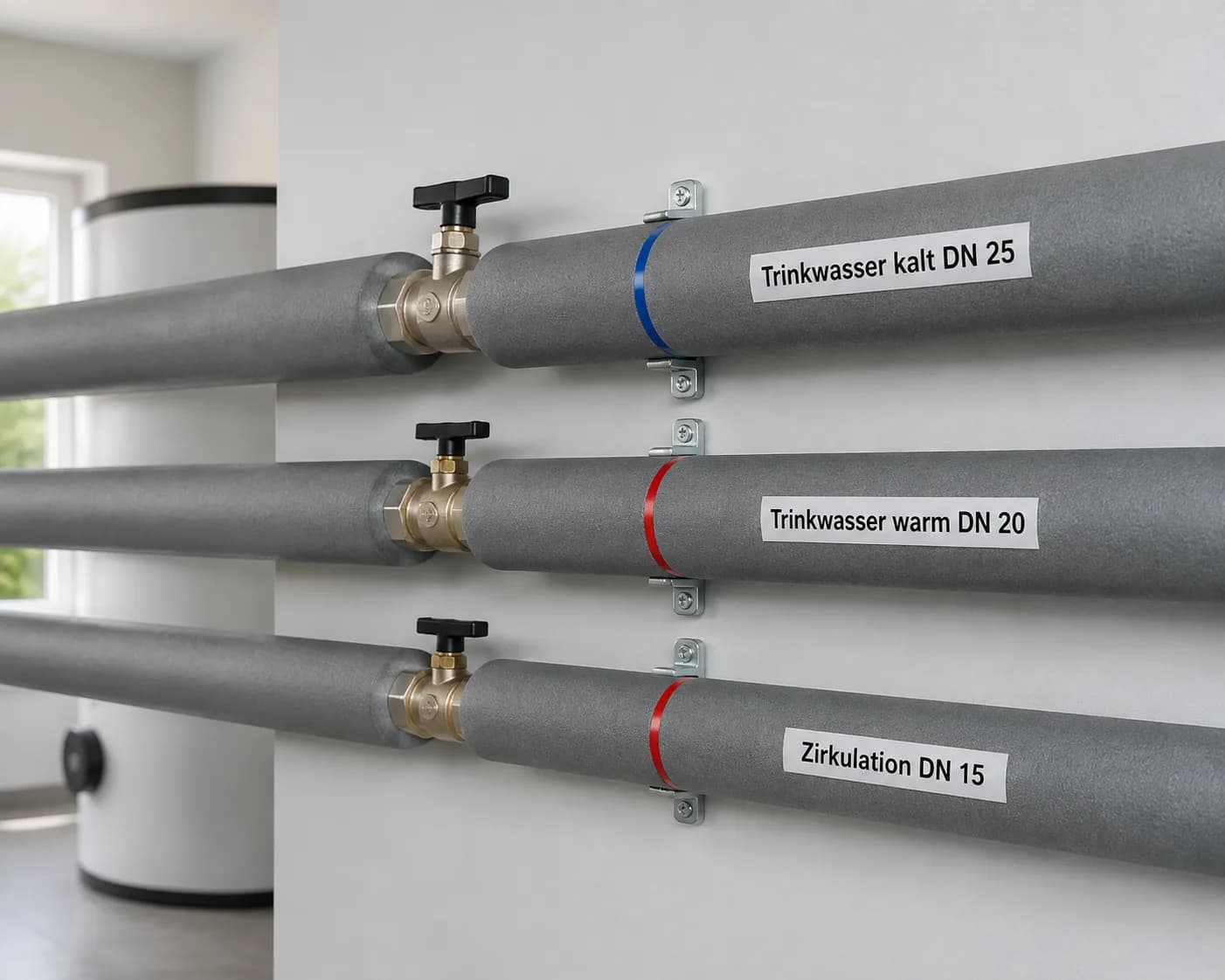 Trinkwasserverteilung mit Nennweiten im Technikraum