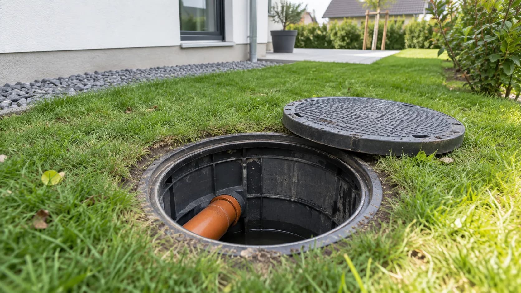 Revisionsschacht im Garten eines Einfamilienhauses
