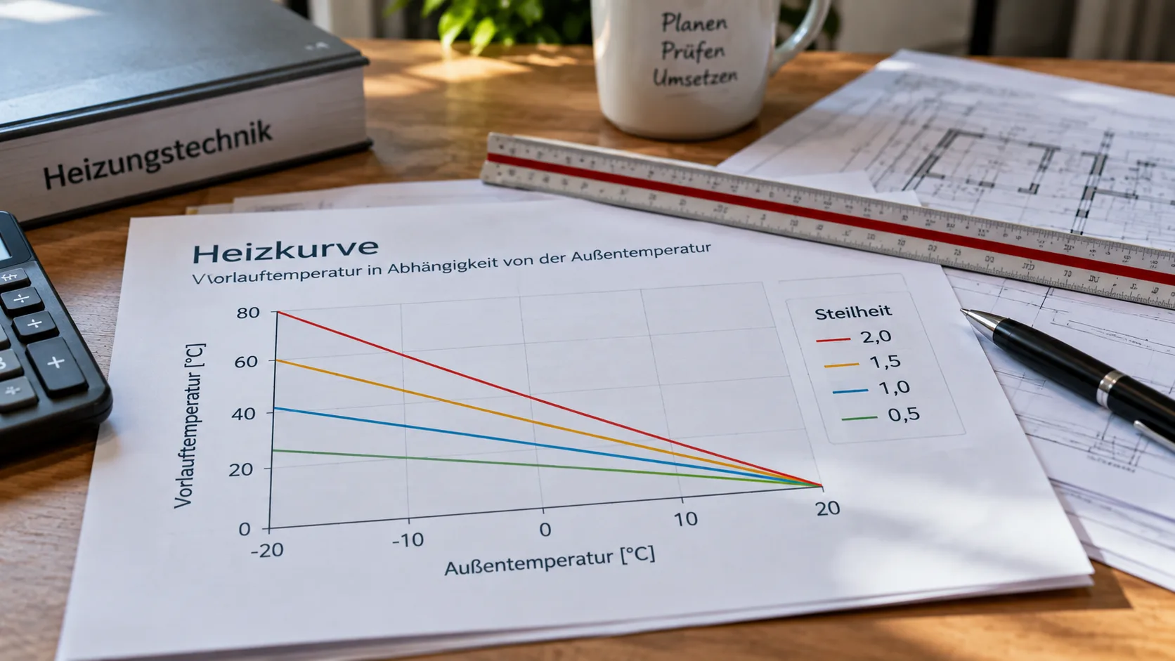 Diagramm einer Heizkurve mit unterschiedlichen Steilheiten