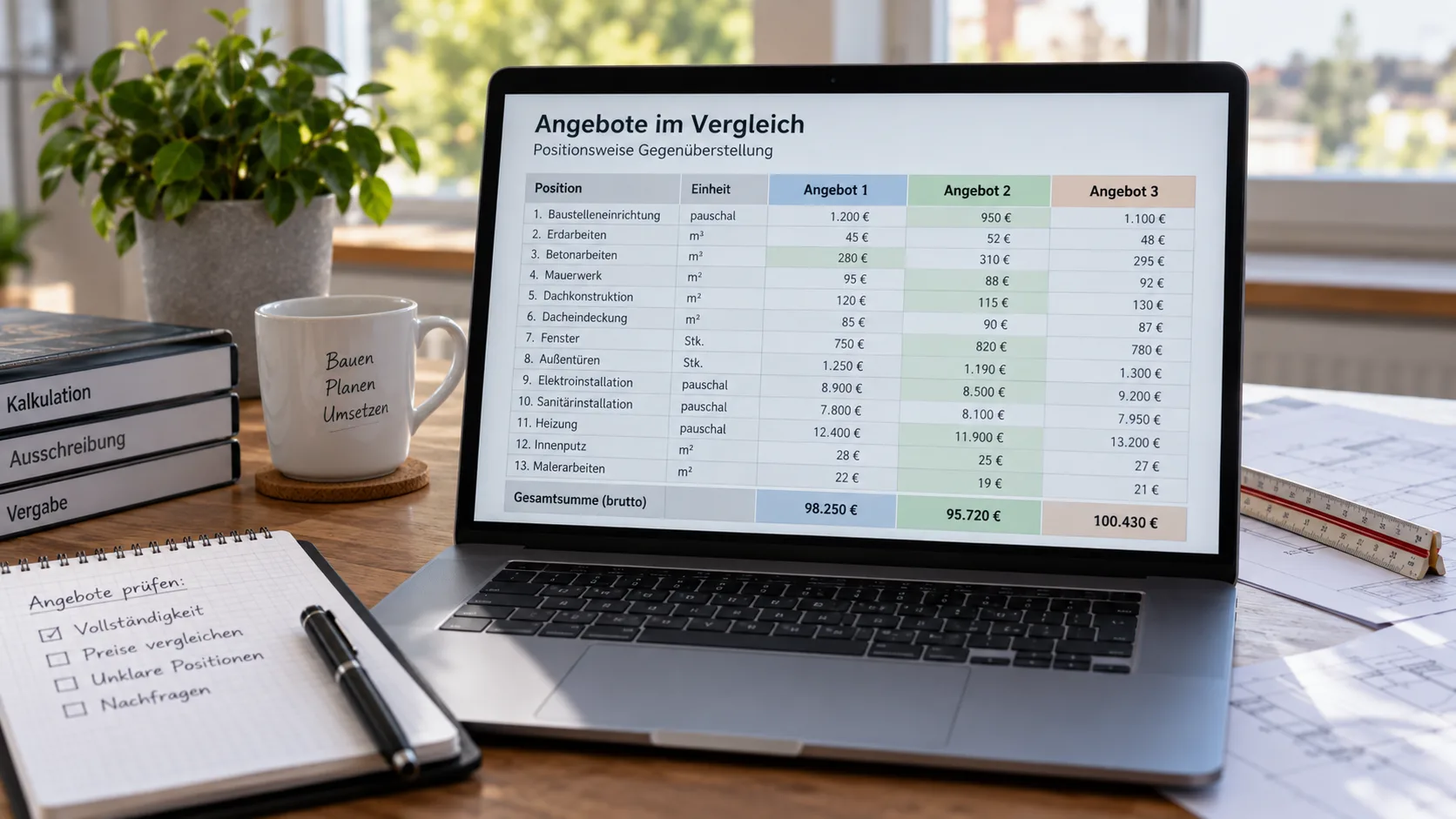 Positionsweise Gegenüberstellung von Angeboten