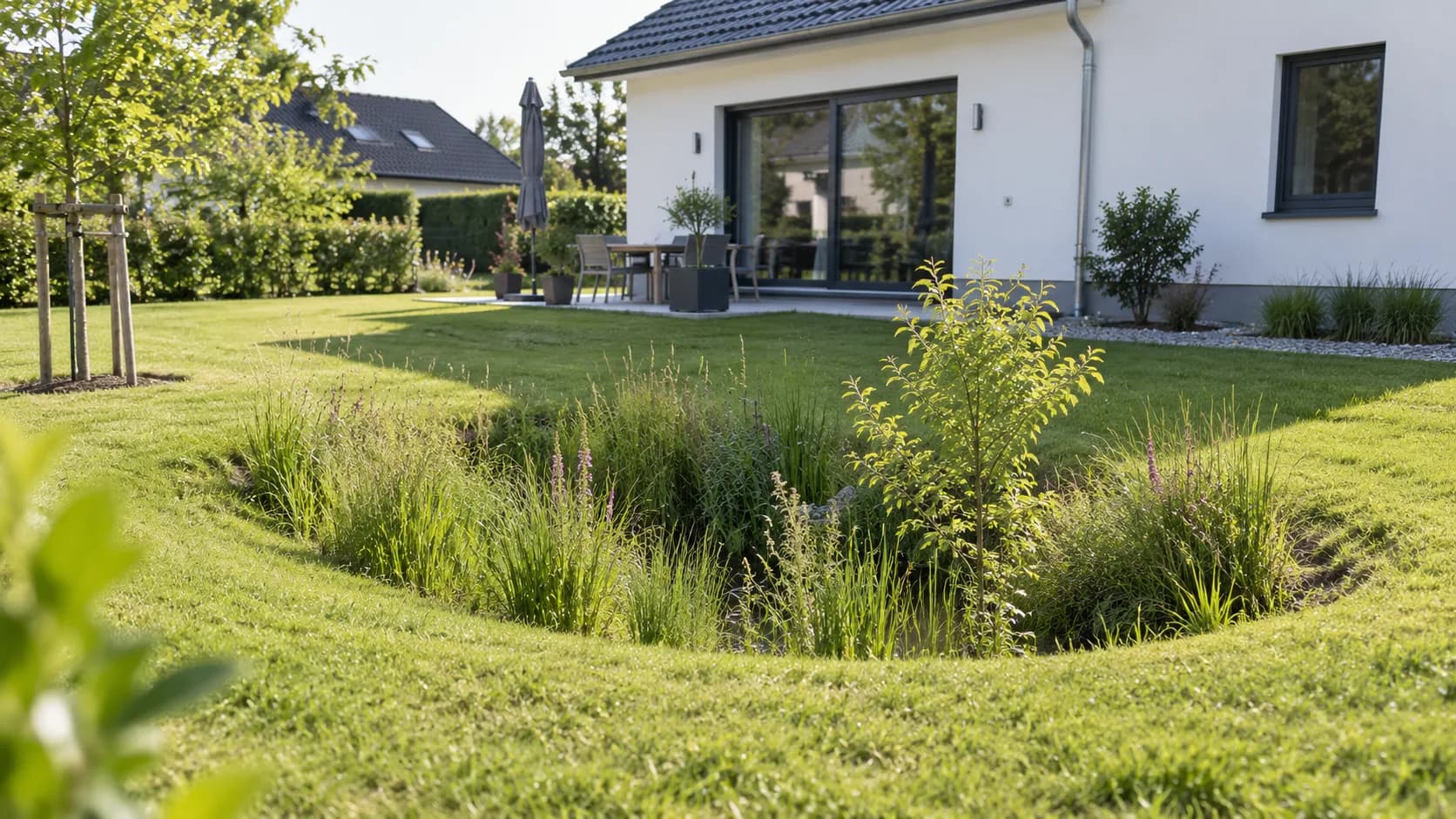Bewachsene Versickerungsmulde in einem Hausgarten