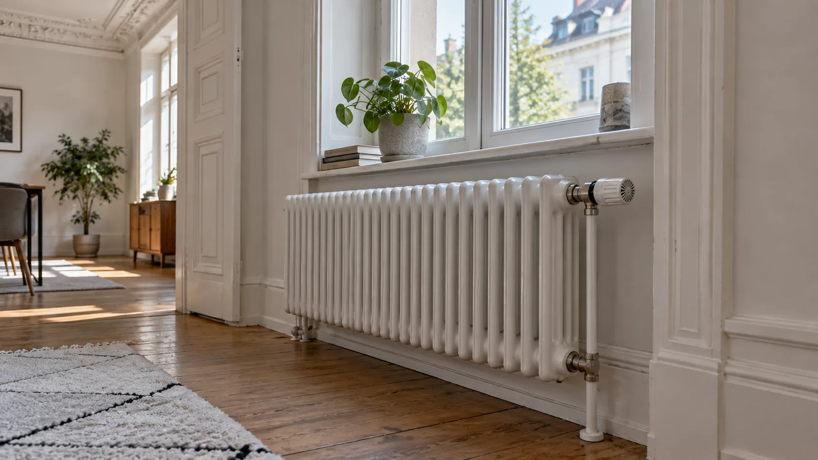 Heizkörper in einem Altbauzimmer mit Thermostatventil