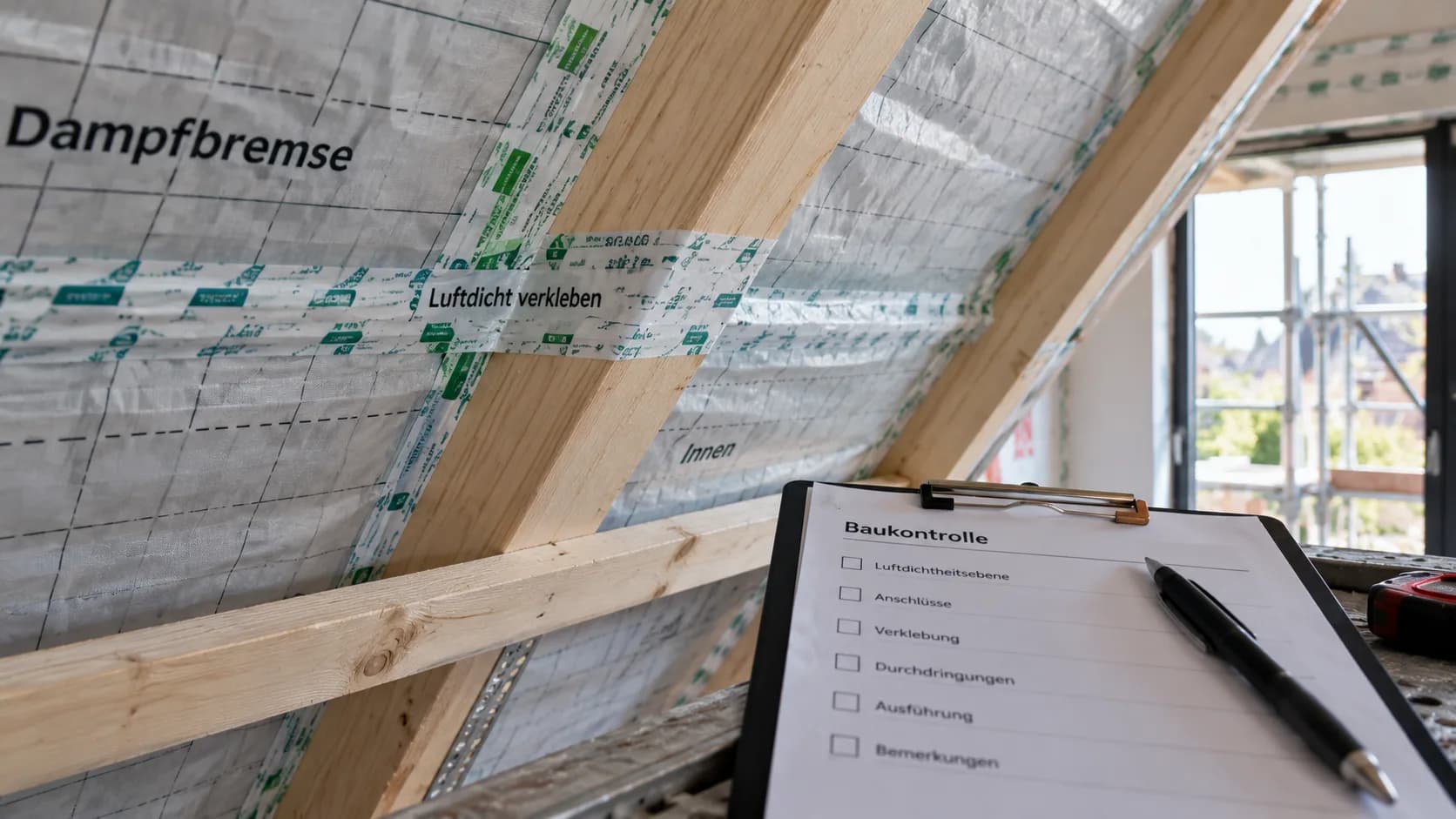 Kontrolle der Luftdichtheitsebene auf der Baustelle