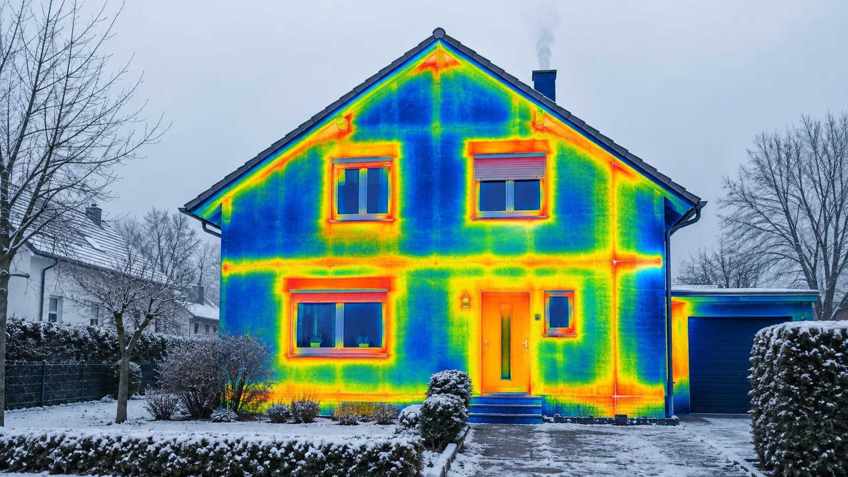 Wärmebild einer Hausfassade mit sichtbaren Wärmebrücken