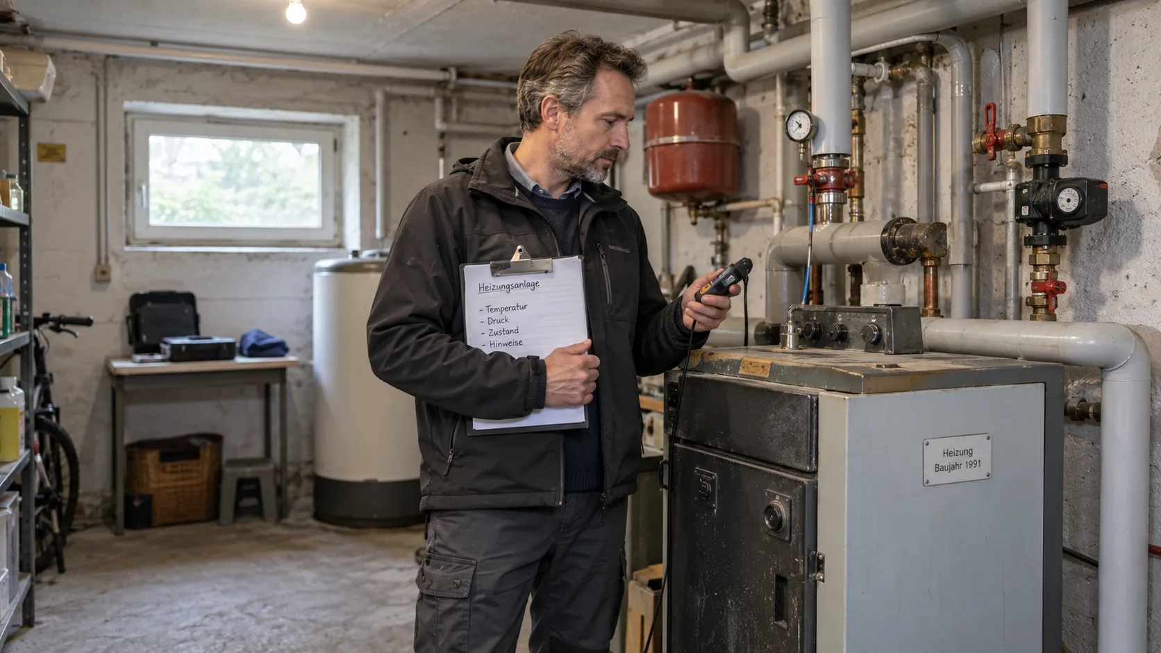 Energieberater bei der Aufnahme im Heizungskeller