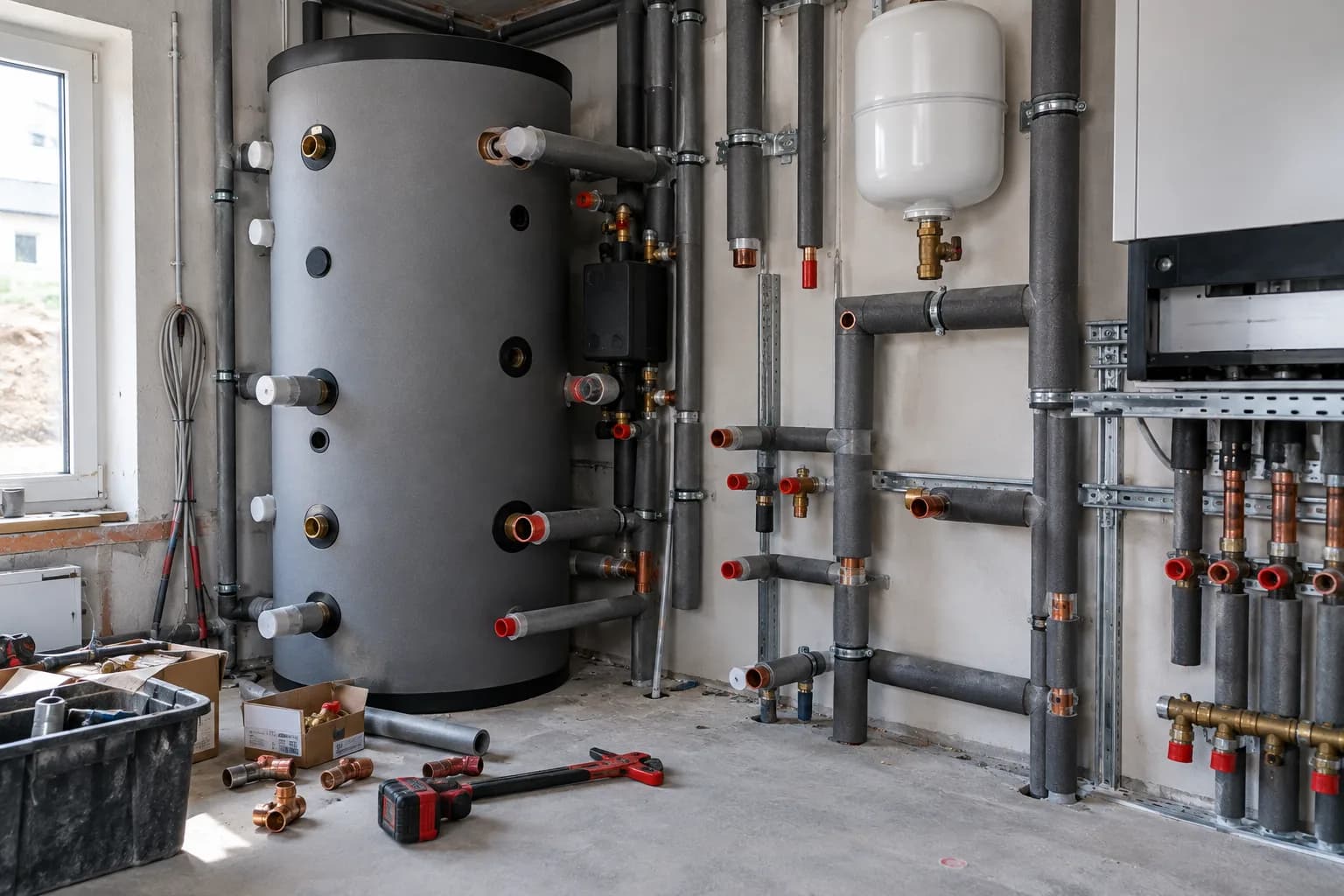 Halb fertige Heizungsanlage nach Baustopp
