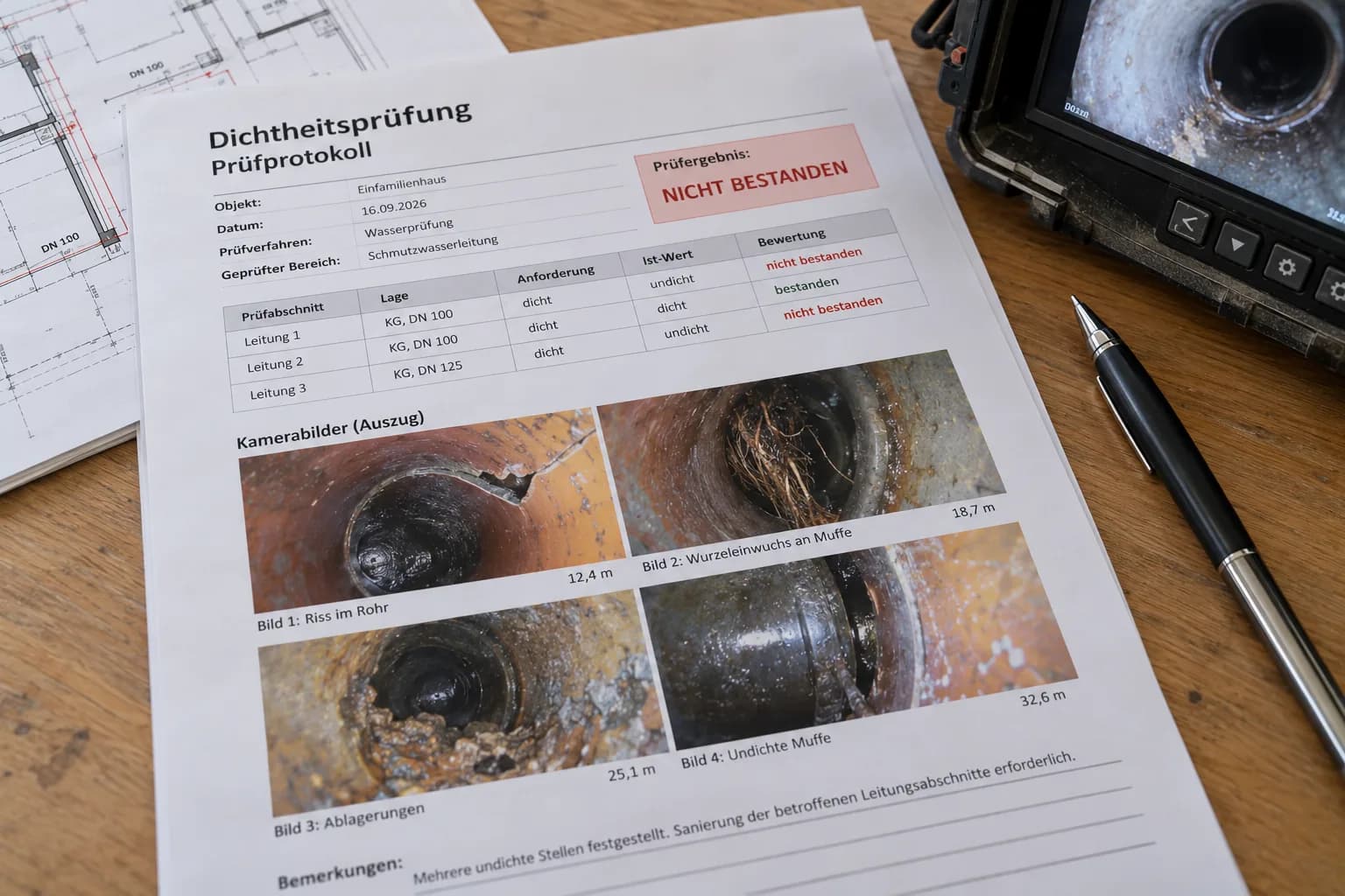Protokoll einer nicht bestandenen Dichtheitsprüfung