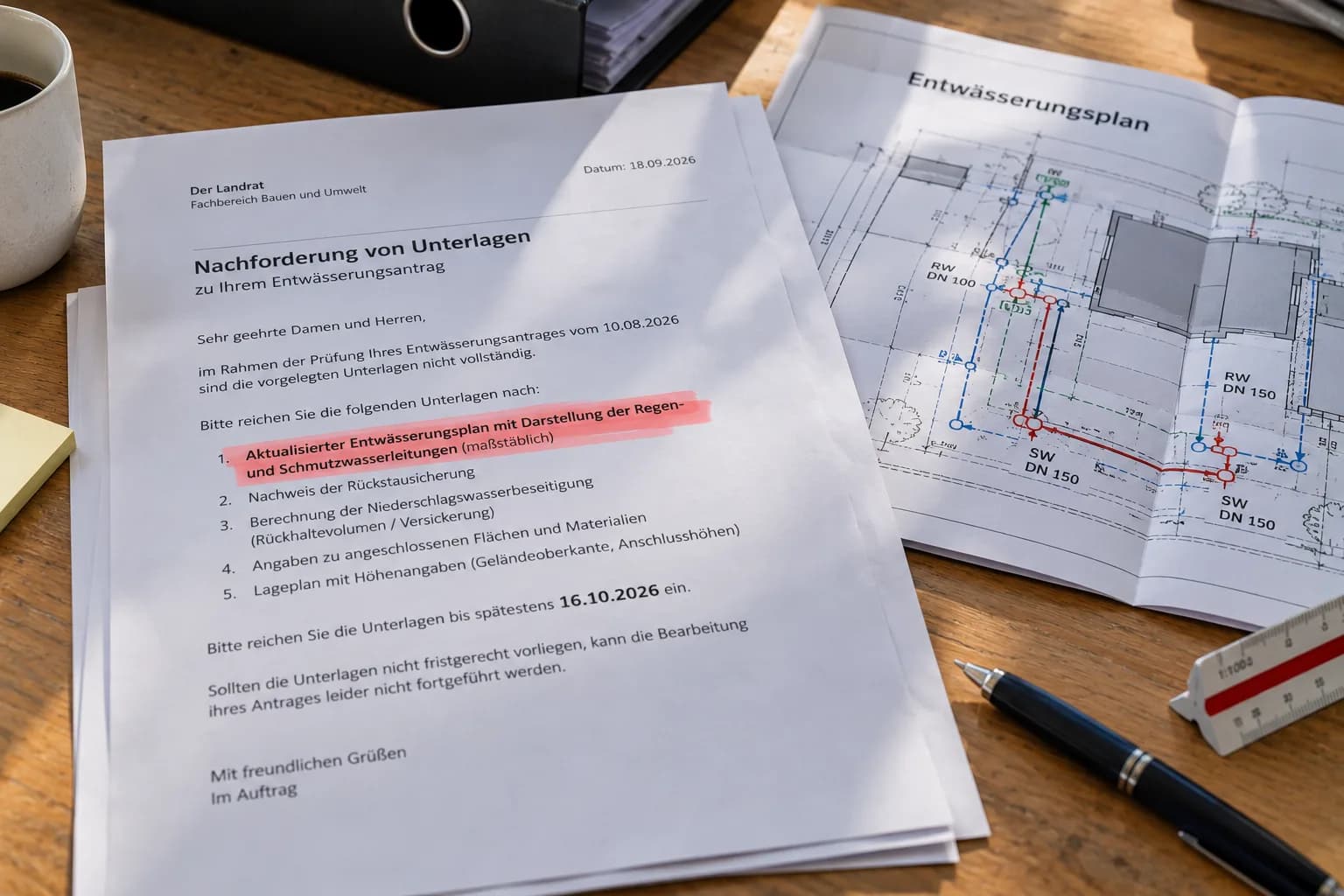 Nachforderung der Behörde zu einem Entwässerungsantrag