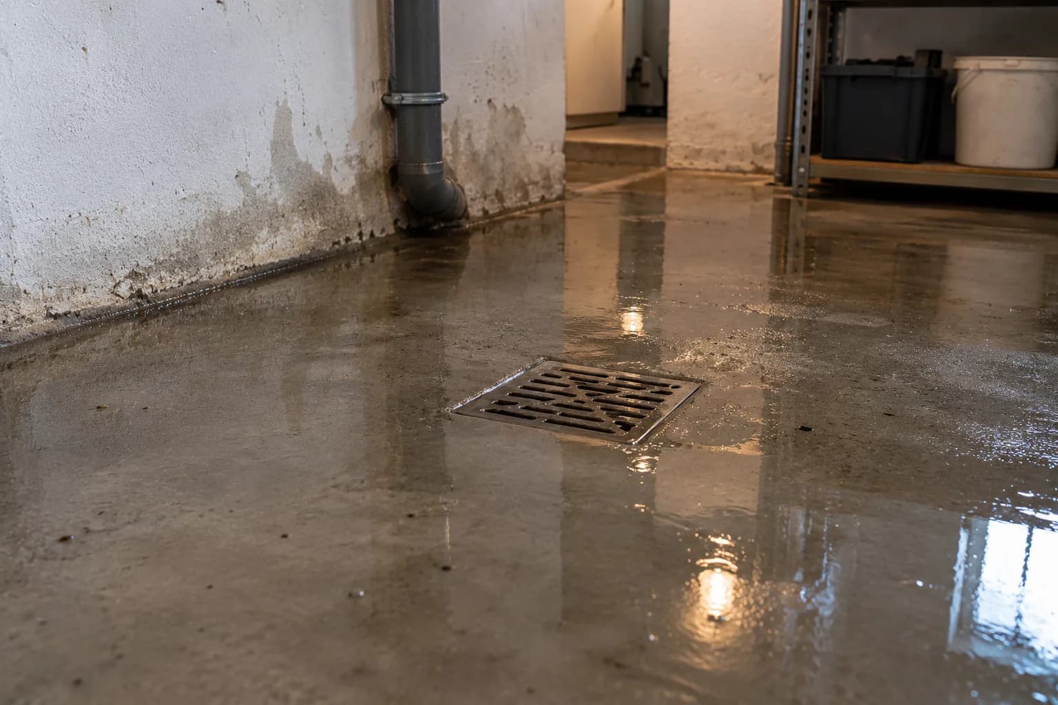 Wasser im Keller nach Starkregen an einem Bodenablauf