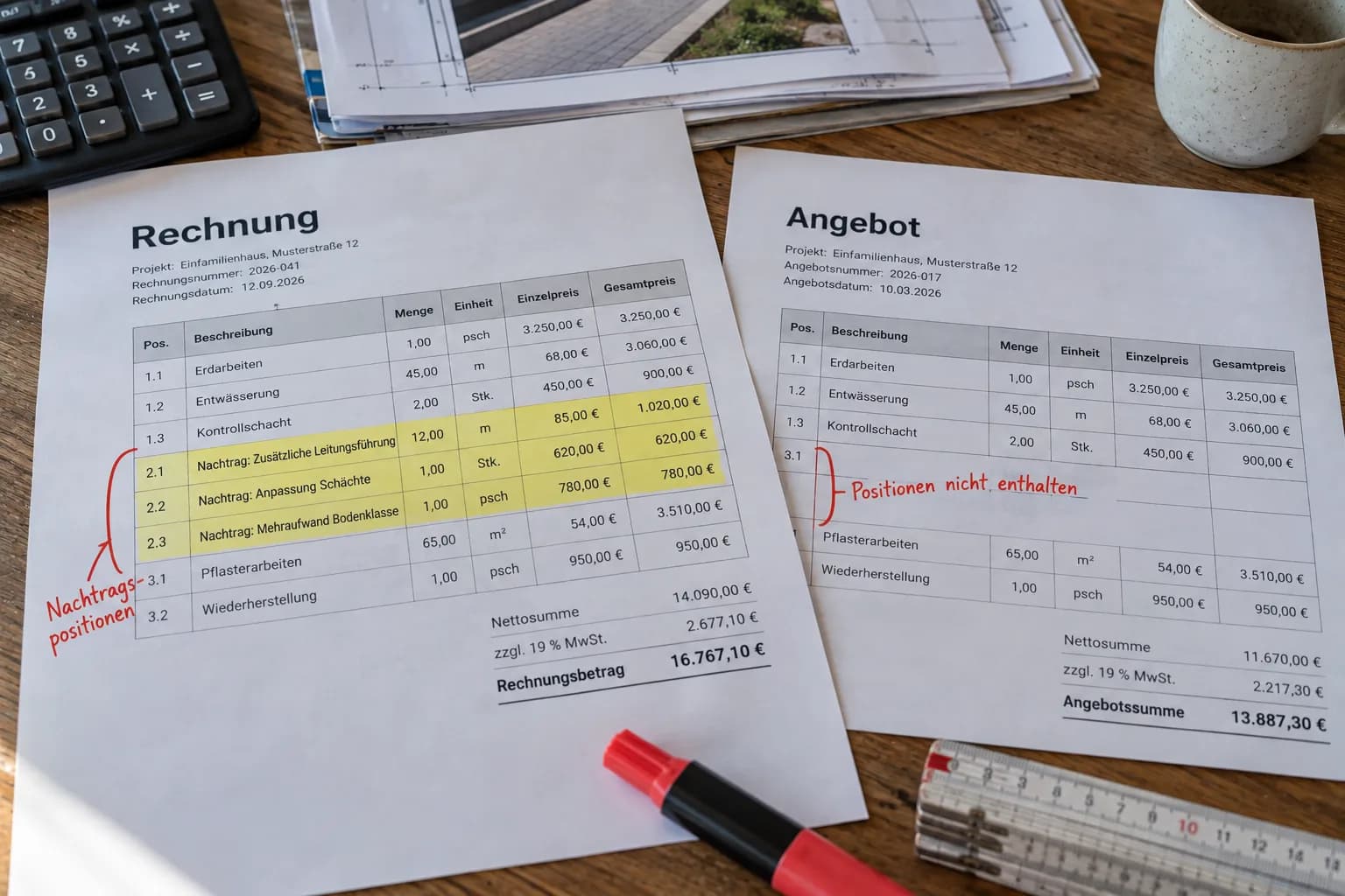 Nachtragspositionen auf einer Handwerkerrechnung
