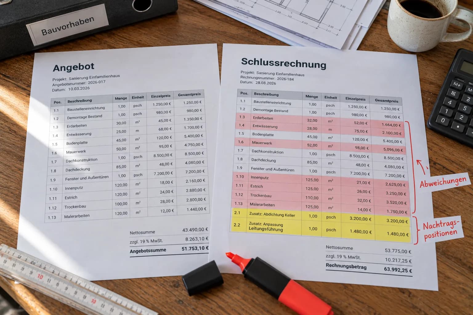 Angebot und Schlussrechnung im direkten Vergleich
