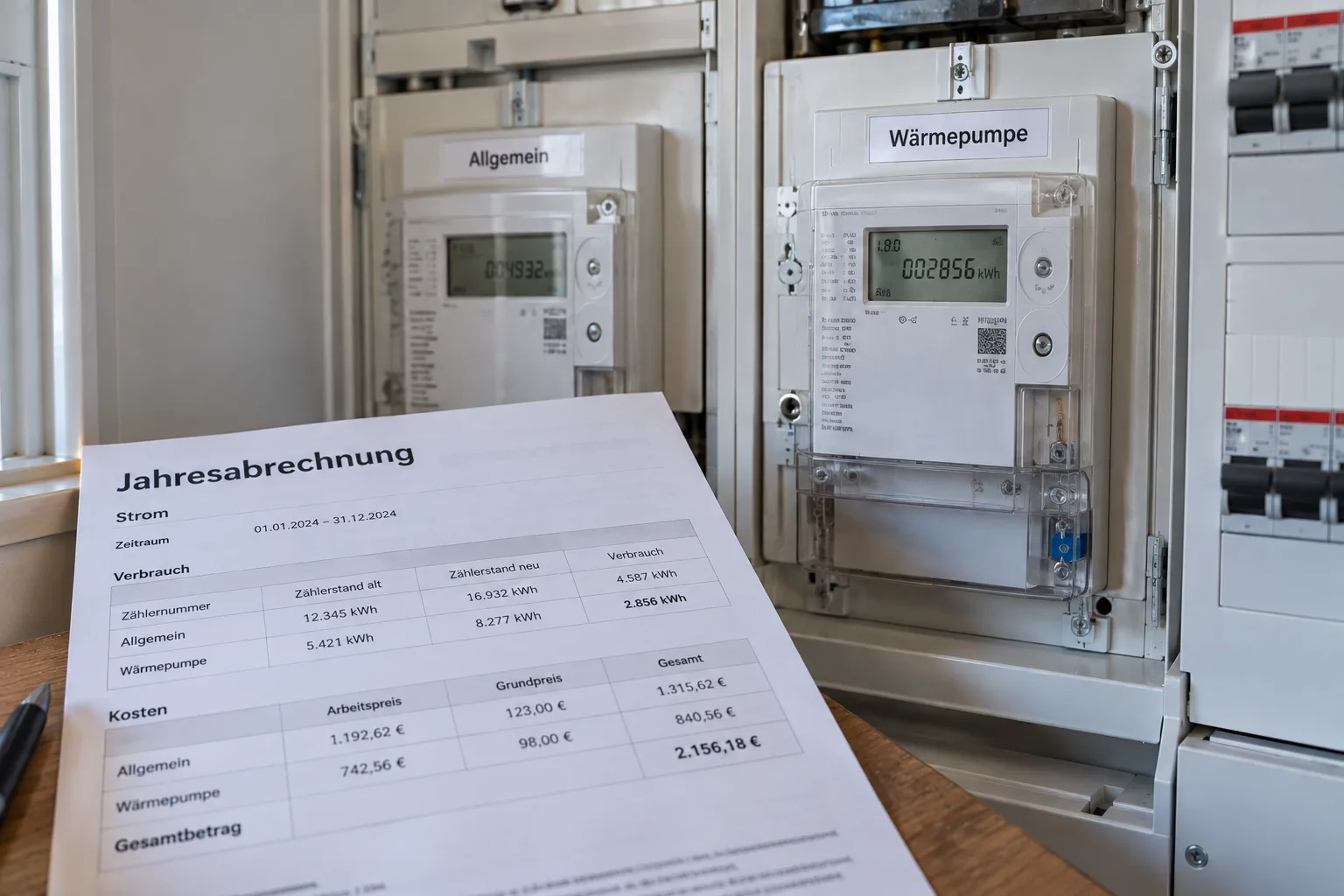 Stromzähler einer Wärmepumpe neben der Jahresabrechnung