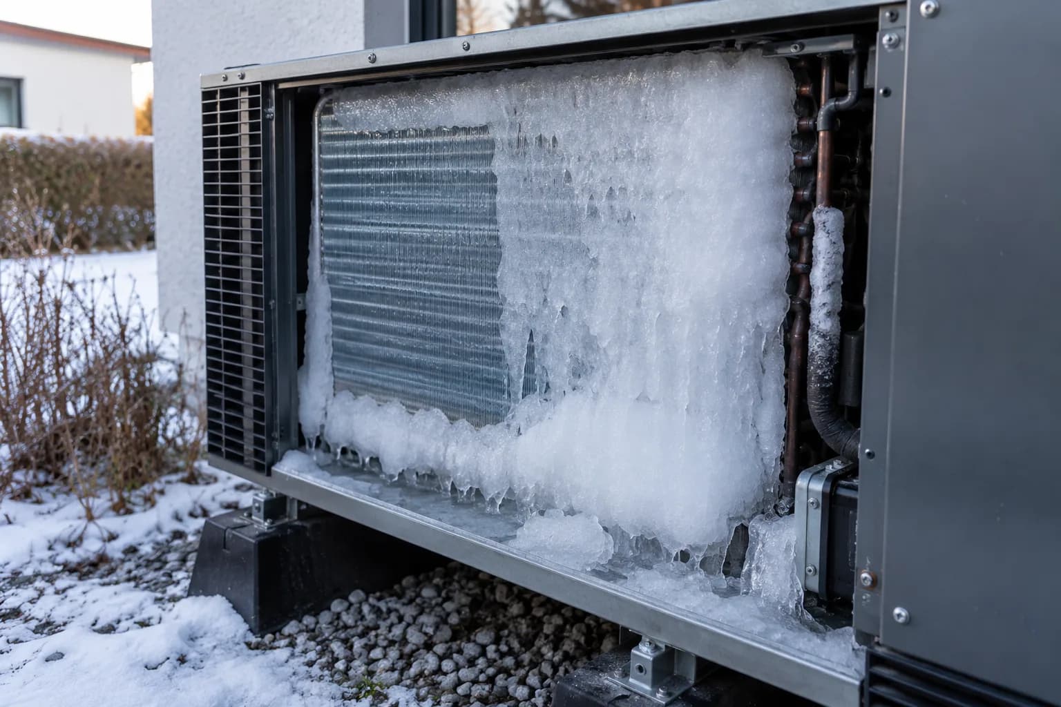 Vereister Verdampfer einer Wärmepumpen-Außeneinheit