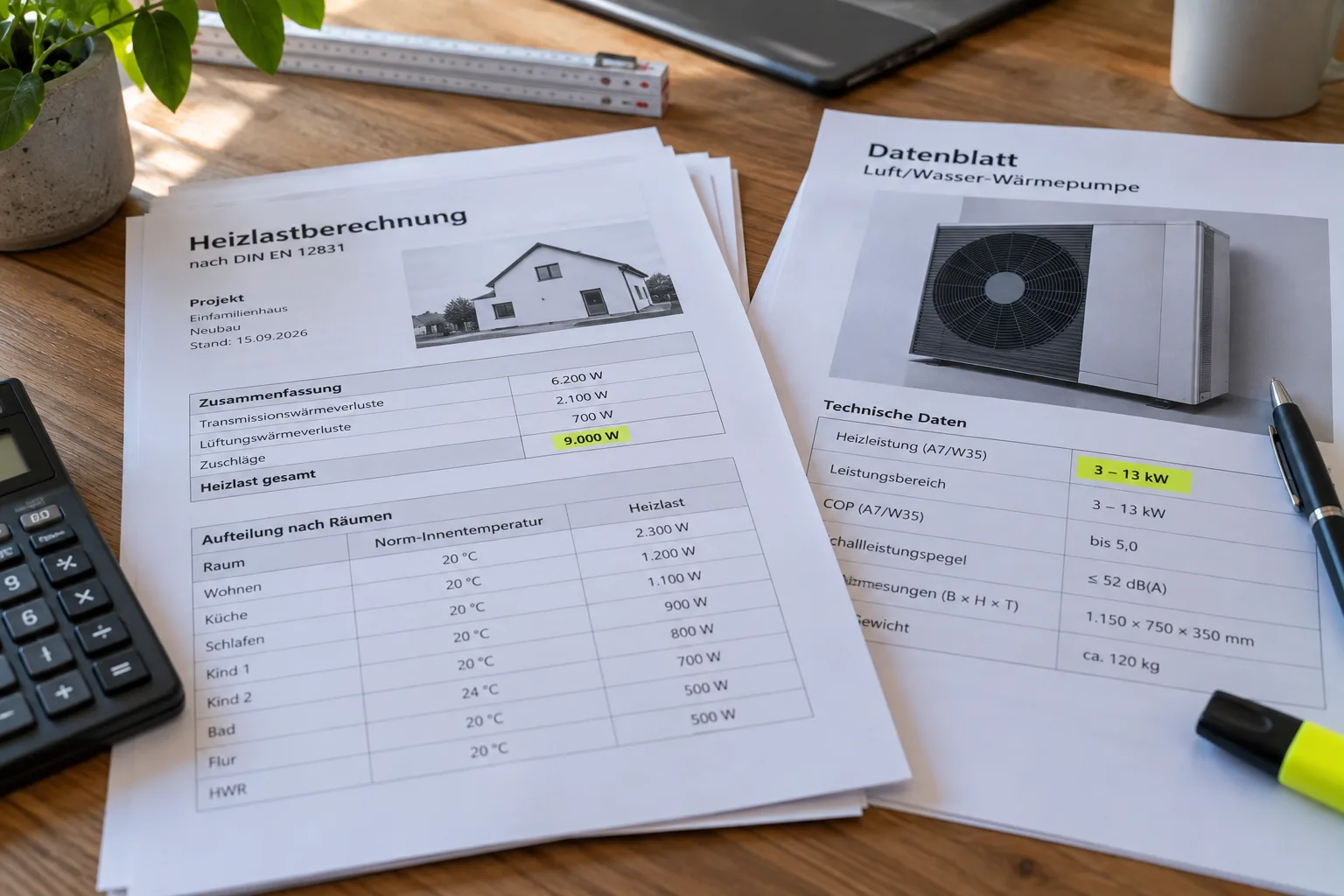 Heizlastberechnung neben dem Datenblatt der Wärmepumpe