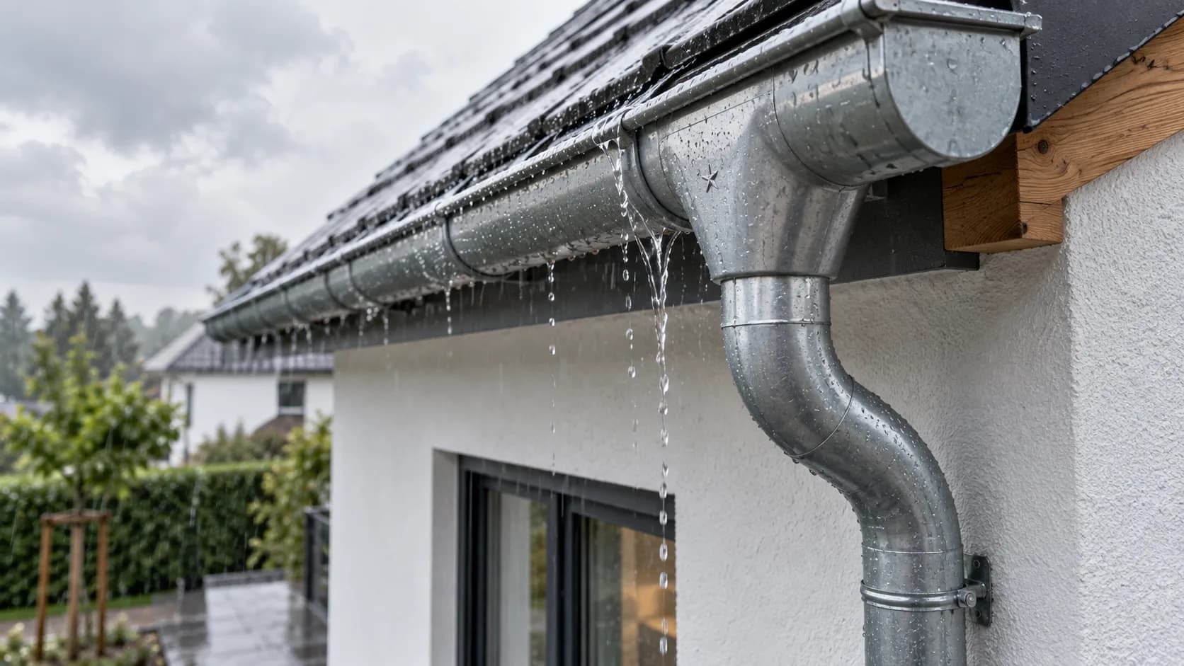 Dachrinne mit Einlauf und Fallrohr an einem Wohnhaus bei Regen