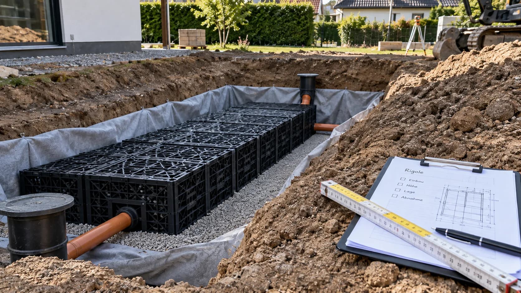 Baubegleitung beim Einbau einer Rigole in offener Baugrube