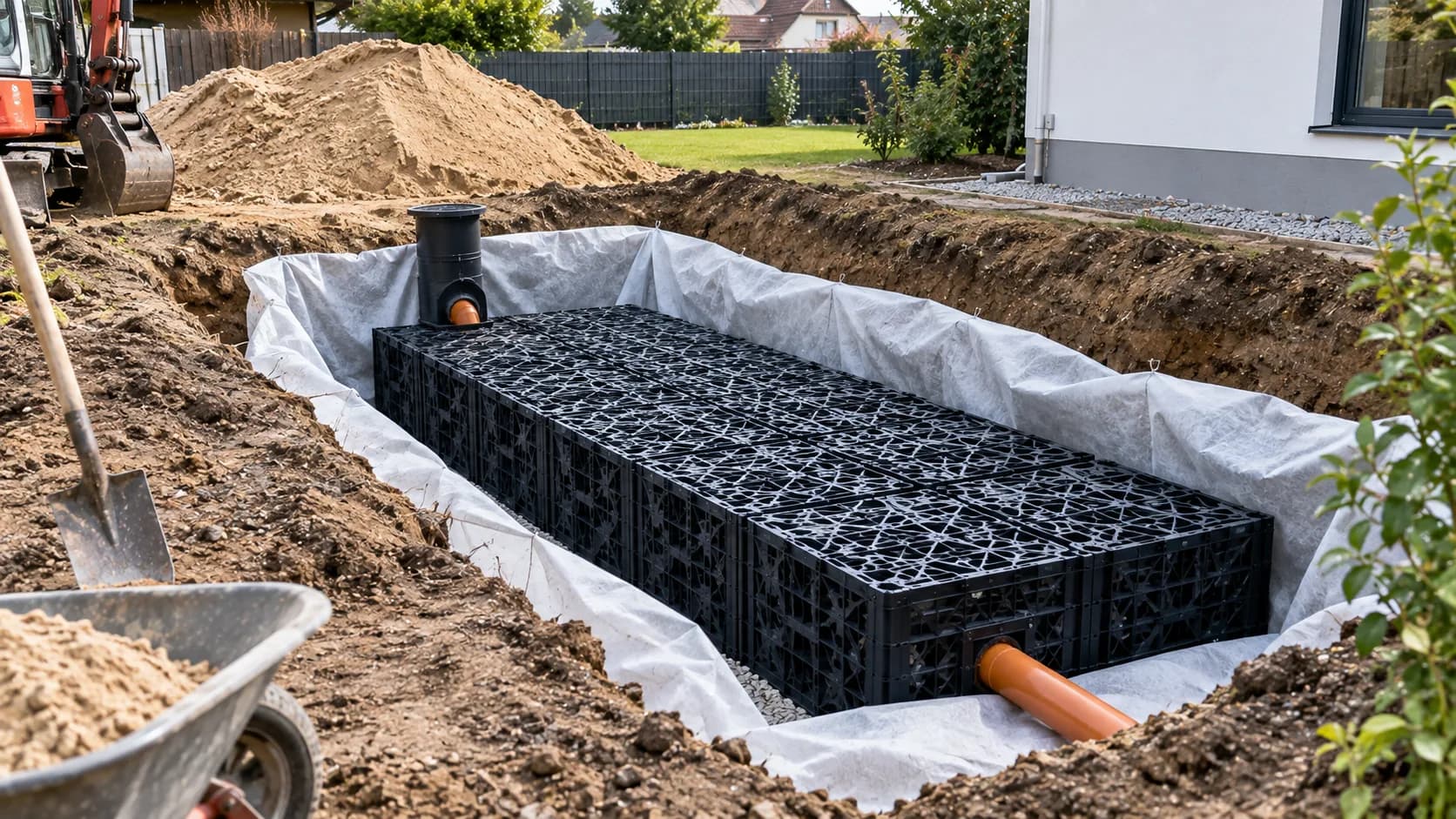 Offene Baugrube mit Füllkörperrigole und Filtervlies vor dem Verfüllen