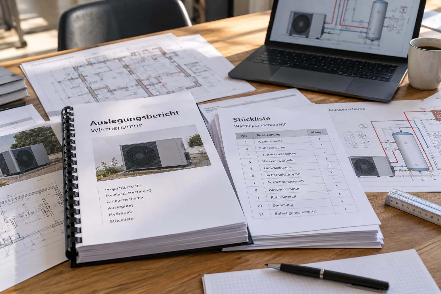 Zusammengestellte Planungsunterlagen für ein Wärmepumpenprojekt