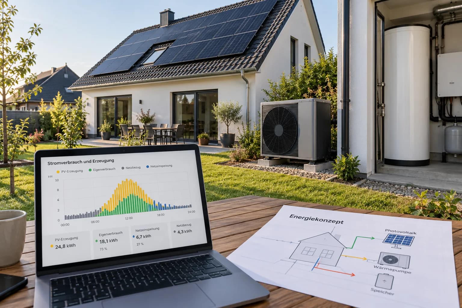 Energiekonzept mit Wärmepumpe, Photovoltaik und Speicher im Einfamilienhaus