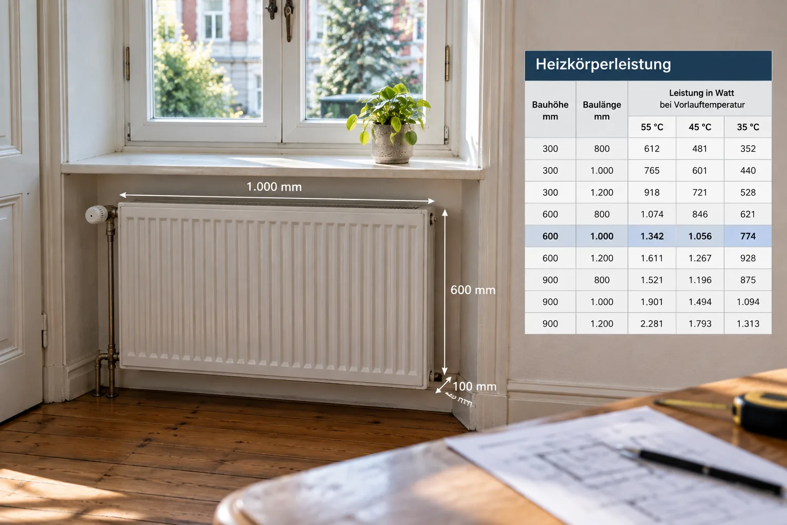 Heizkörper in einer Fensternische mit Maßangaben