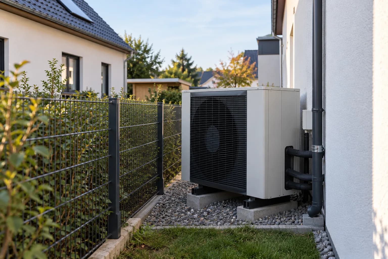 Außeneinheit einer Wärmepumpe an der Grundstücksgrenze